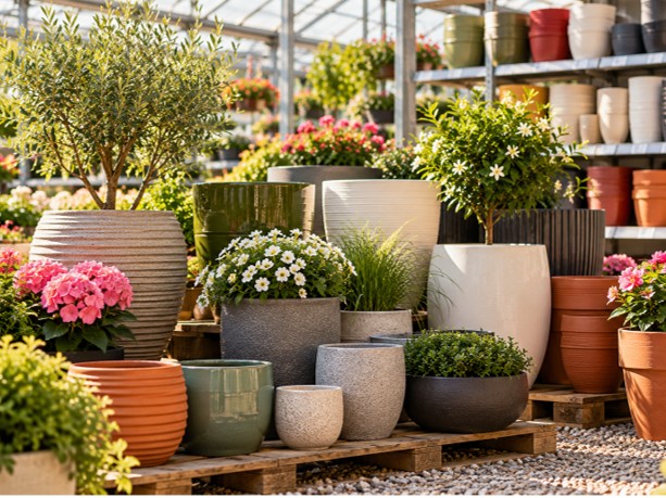 Rows of ceramic and terracotta pots with plants at the garden center