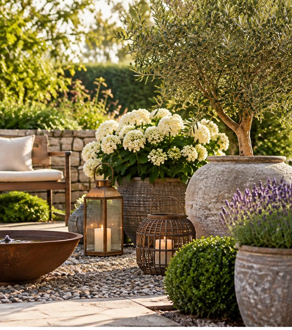 Lanterns, aged stone pots and olive tree on a gravel terrace