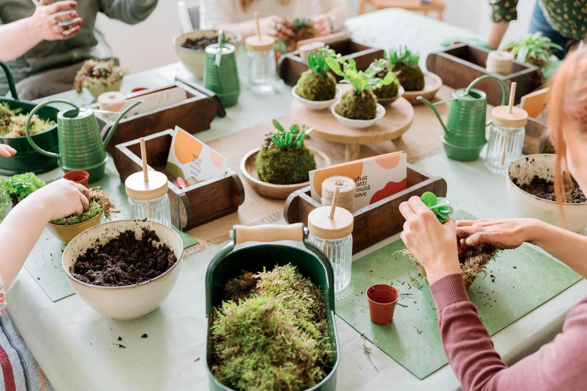 Participants making kokedama moss balls at a Naše Kytky workshop