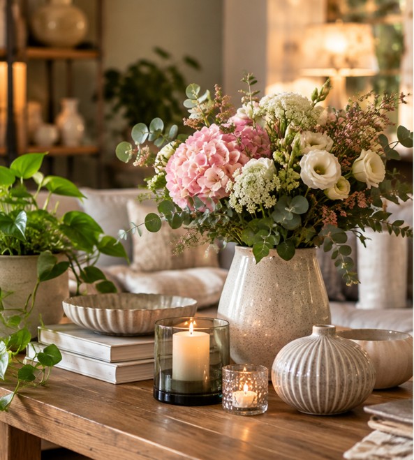 Vase of hydrangeas with candles and ceramics on a wooden table